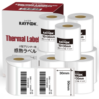 RAYFOOK 感熱ラベルシール 50×30mm RT5030｜1箱8巻・6箱48巻