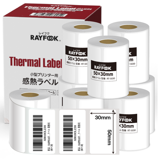 RAYFOOK 感熱ラベルシール 50×30mm RT5030｜1箱8巻・6箱48巻